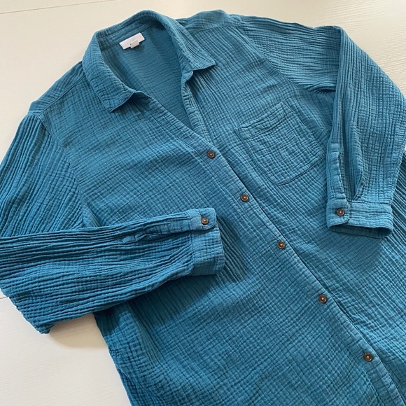J.Jill Gauze Textured Cotton Light‎weight Button Down Shirt in Teal Blue Sz XL - Picture 5 of 13